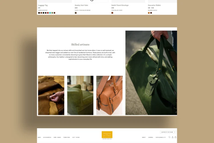 A webpage highlighting Moore & Giles' artisan craftsmanship with text describing their journey into home décor. Below the text, images show hands working on leather, a detailed view of a bag, and a green leather bag with brass hardware.