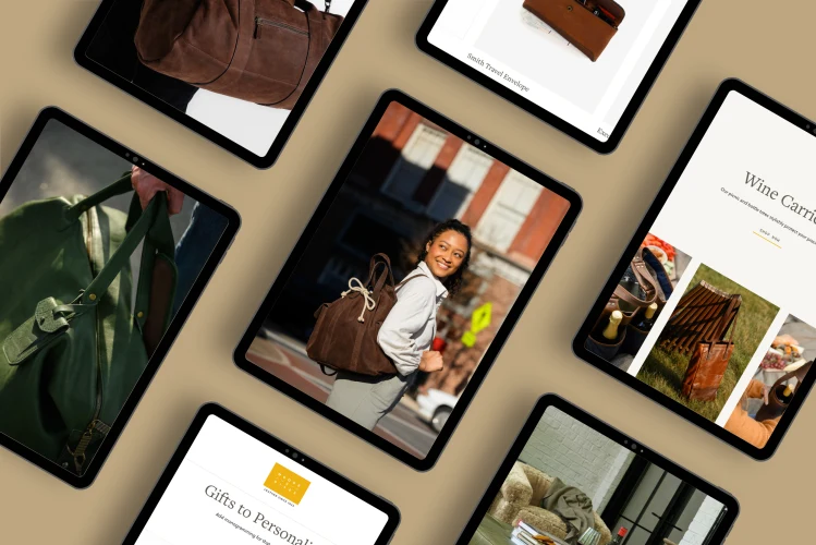 A collection of various Moore & Giles products displayed on tablet screens, showing off leather bags and accessories in use by individuals in urban and indoor settings, capturing the practical elegance of the brand's items.