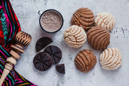 Conchas bread and mexican hot chocolate traditional breakfast in mexico Stock Photo