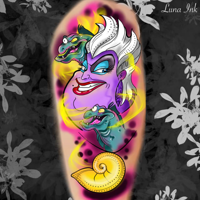 Ursula color disney tattoo sleeve Ursula color disney tattoo sleeve
