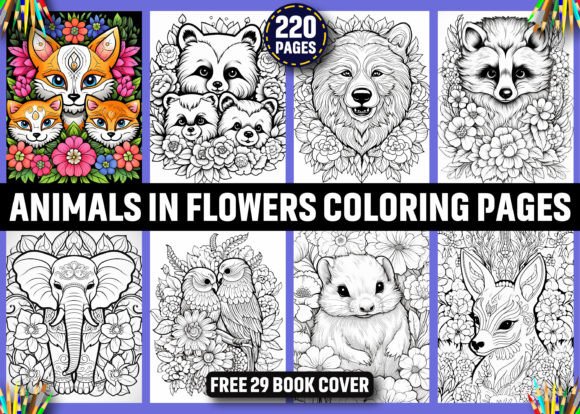 Animals in Flowers Coloring Book Cover