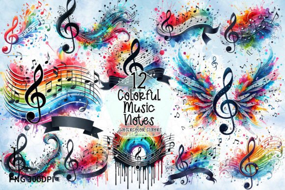 Colorful Music Notes Clipart featuring rainbow staffs and playful typography