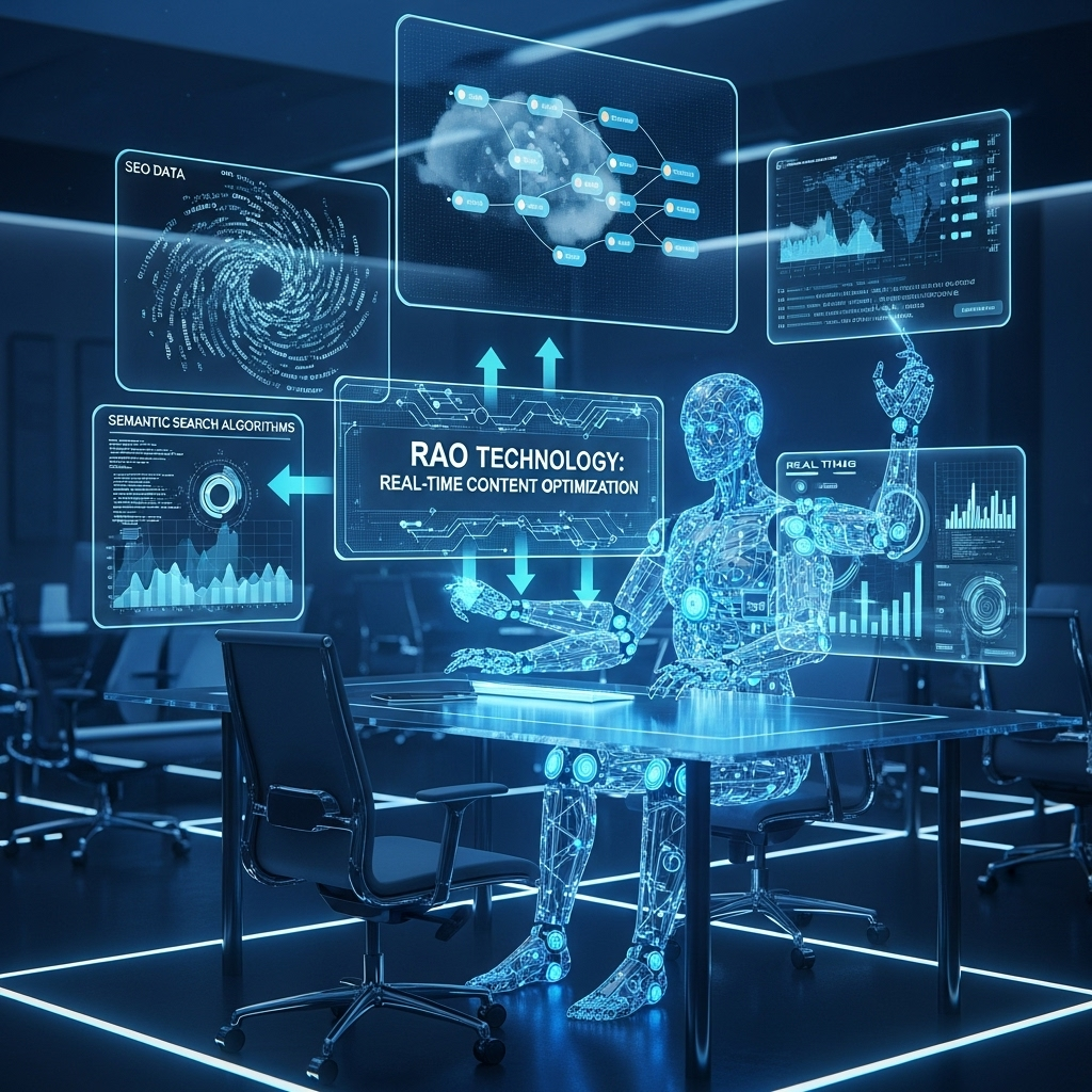 A futuristic office workspace showing an AI assistant integrating SEO data with semantic search algorithms on multiple holographic screens