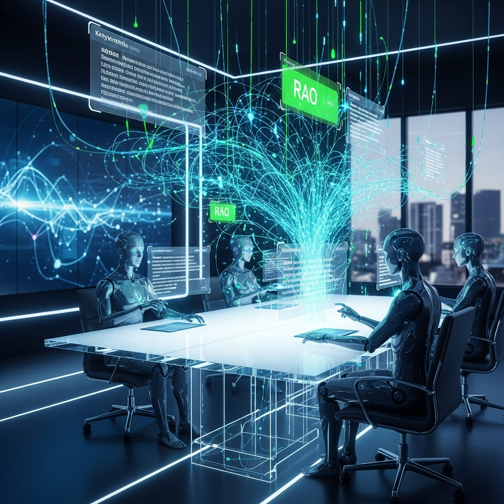 Futuristic workspace with AI agents and glowing nodes symbolizing integration of RAO into digital marketing