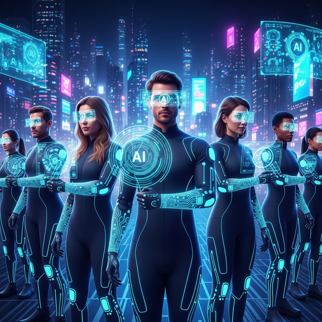 Conceptual visual of an AI-empowered workforce with glowing AI interfaces on employees, showing human-AI augmentation