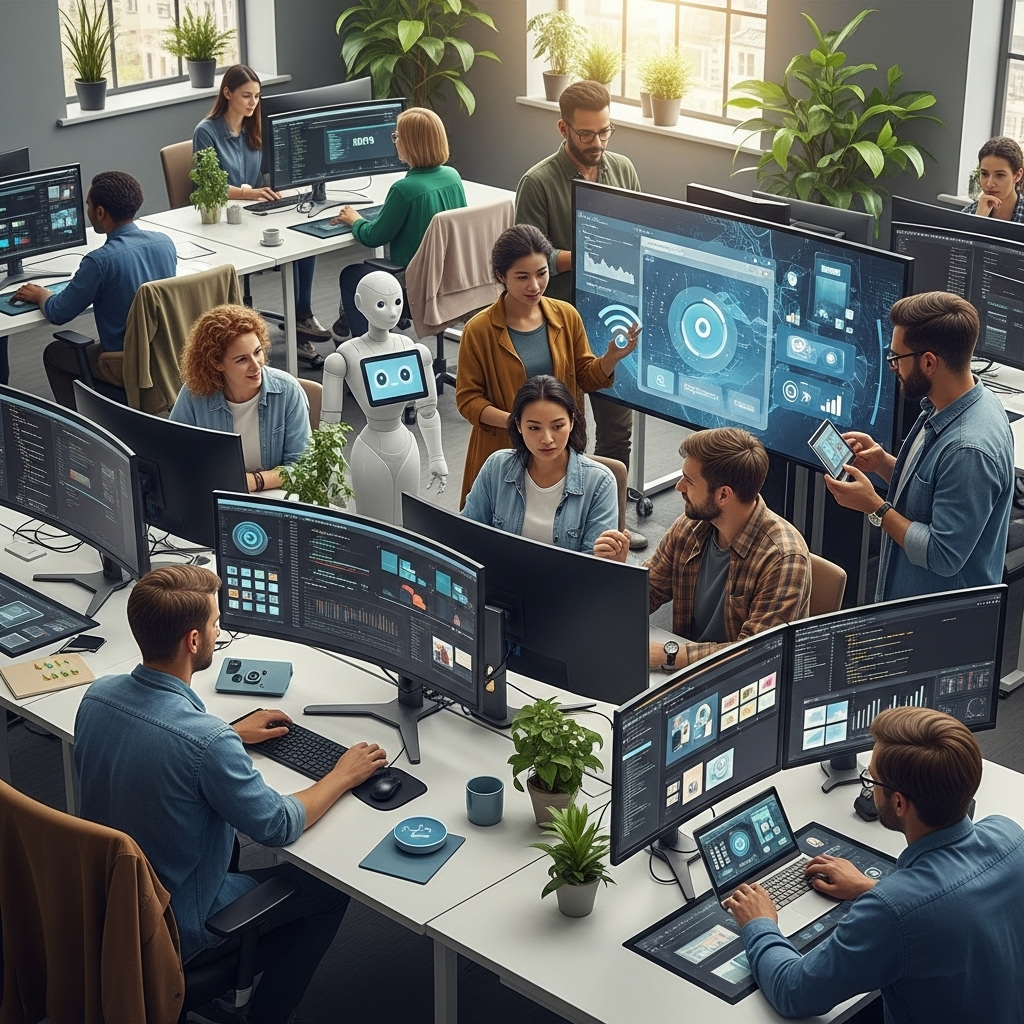 A professional office scene showing a diverse team collaborating with AI tools on computers and a digital assistant, illustrating AI augmentation in the workforce