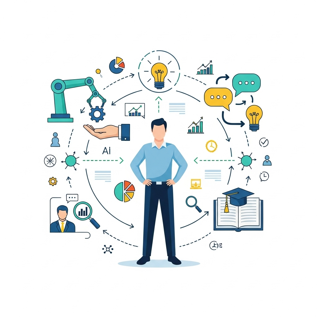 Infographic illustrating AI empowering employees with icons of AI tools, training, and collaboration