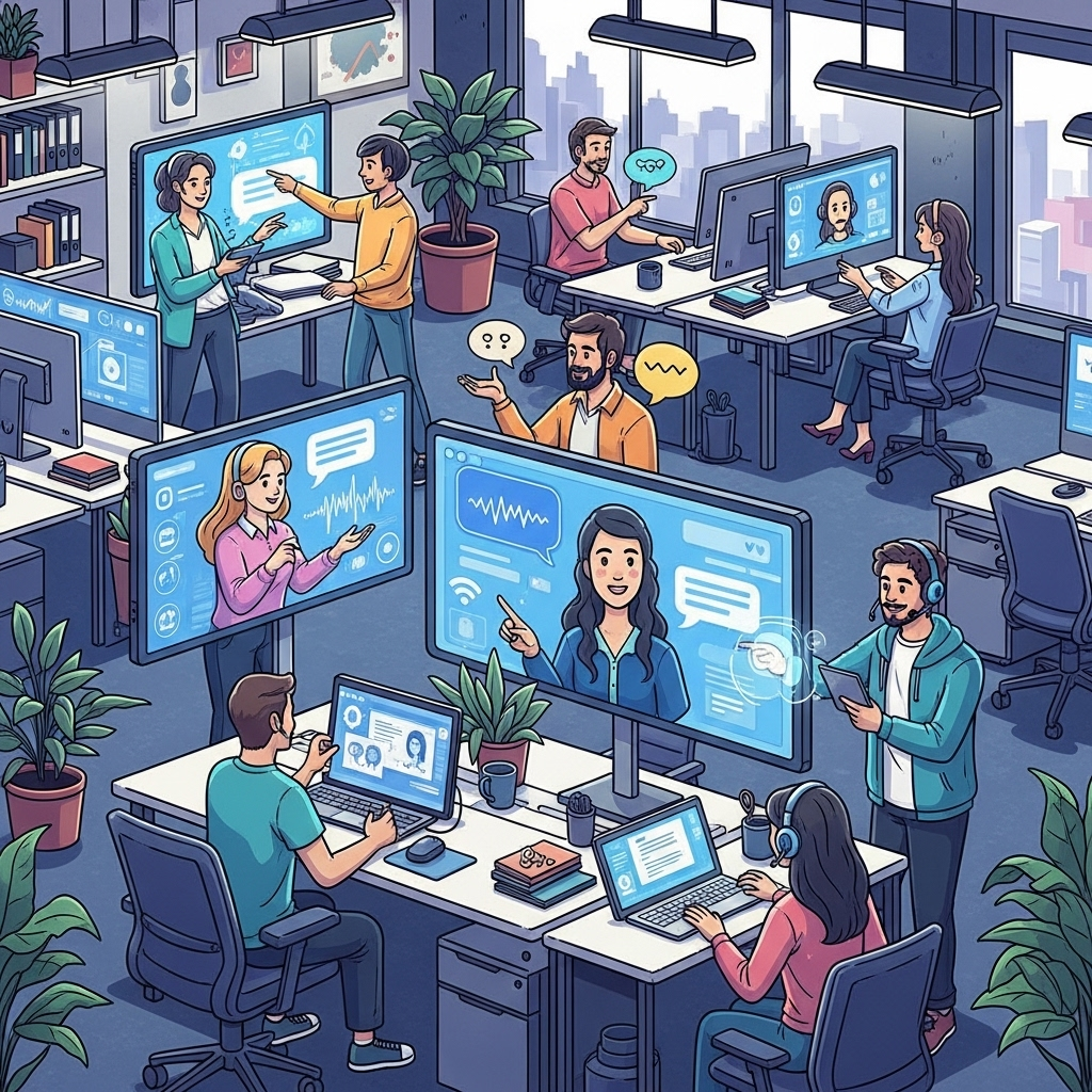 Diverse employees collaborating with AI-powered chat and voice agents on computer screens in a modern office