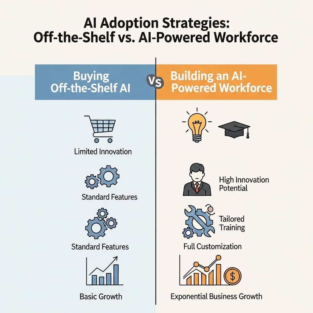 Infographic showing a comparison between 'Buying Off-the-Shelf AI' and 'Building an AI-Powered Workforce' highlighting innovation, training, customization, and growth.