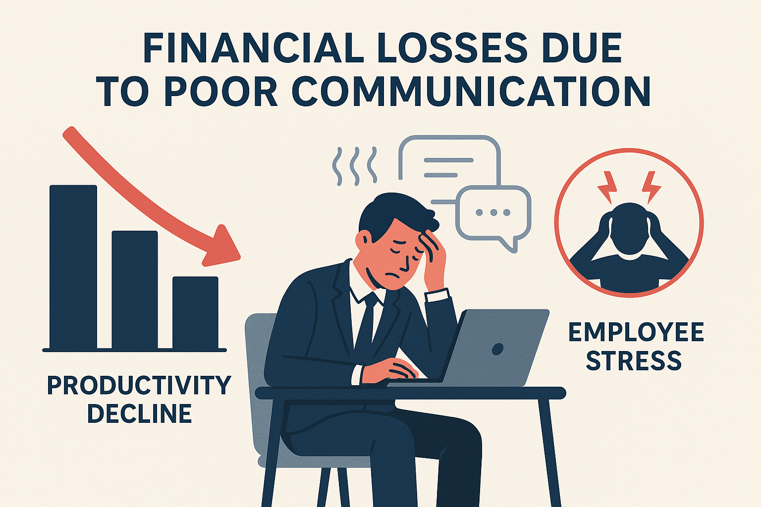 Infographic illustrating financial losses and productivity declines due to poor communication in business