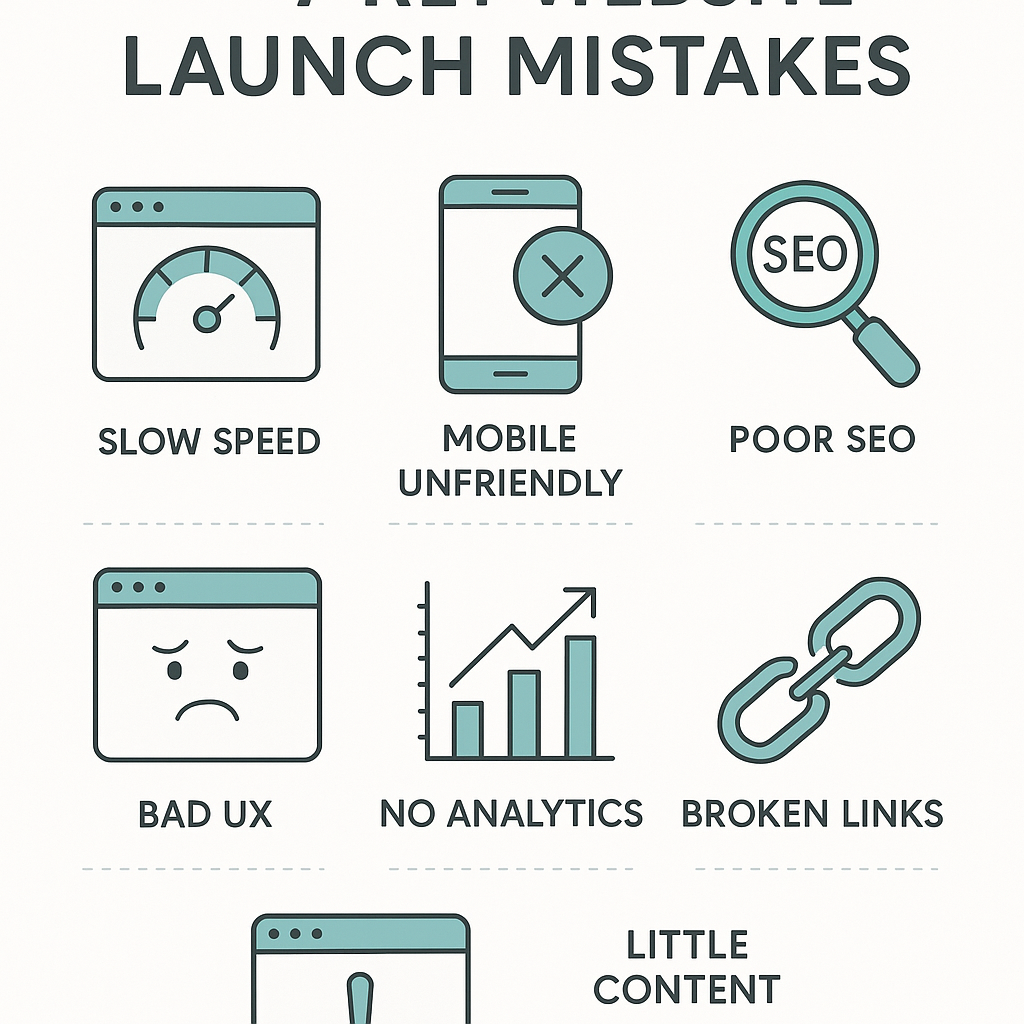 Infographic depicting 7 common website launch mistakes including platform inflexibility