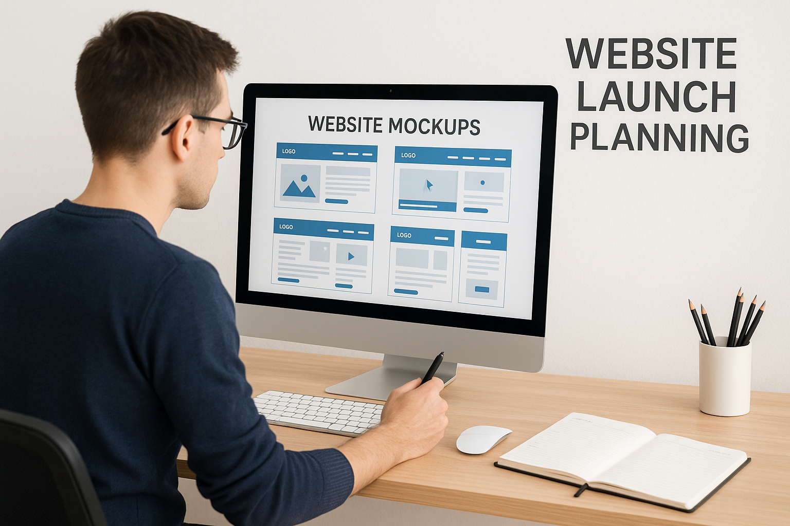 Web designer reviewing website mockups on computer screen symbolizing professional quality assurance