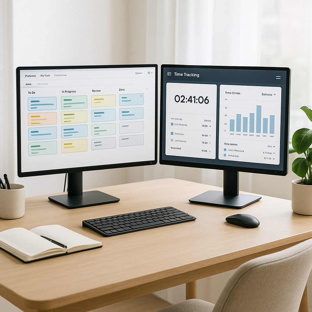 An organized home office setup with dual monitors showing project management and time tracking apps, bright natural light, and a plant to convey calm productivity