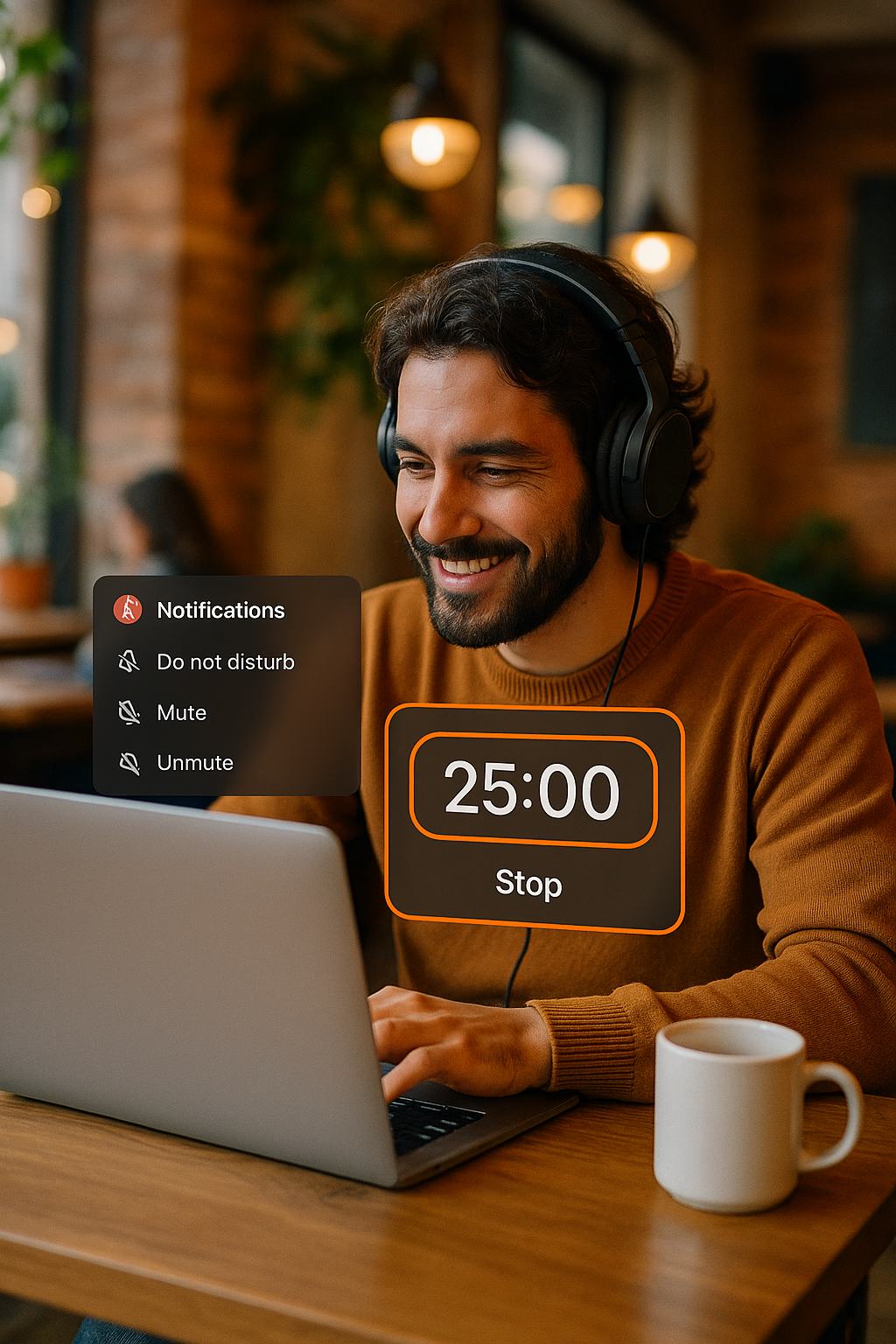 A remote worker using a laptop and headphones in a cozy cafe setting, with visible notification controls and a Pomodoro timer on screen