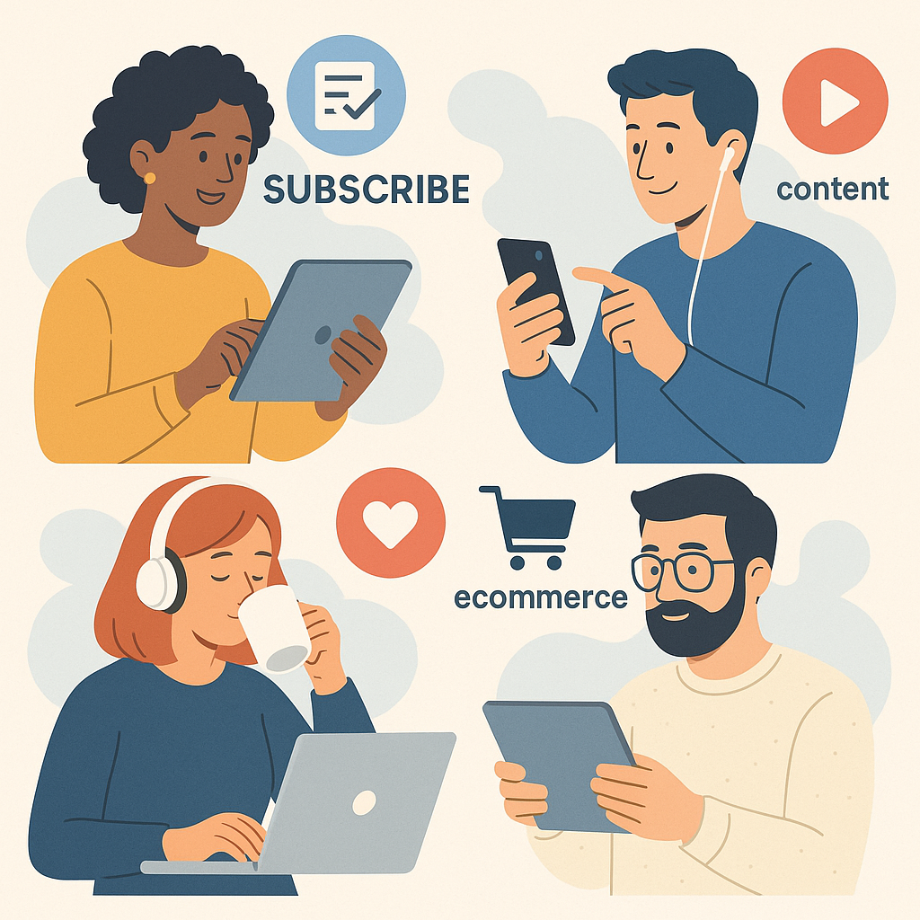Illustration of diverse customers happily engaging with various subscription services on digital devices in a modern, clean style to highlight SaaS, e-commerce, and content subscriptions.