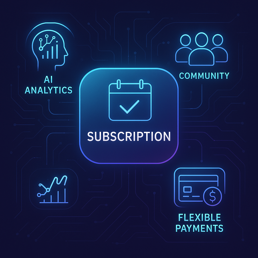 Visual representation of a futuristic subscription ecosystem with AI analytics, community groups, and flexible payment options, styled with sleek tech graphics to emphasize innovation and personalization.