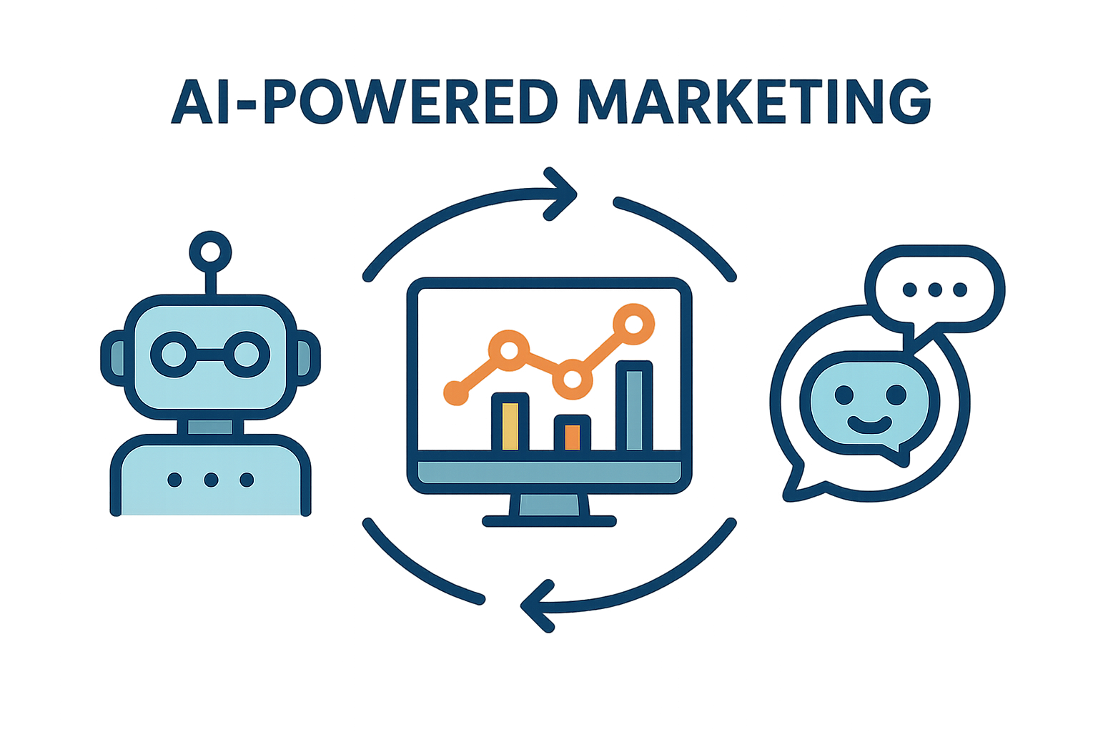 Infographic illustrating AI-powered marketing components including chatbot, analytics graph, and robot icons connected by arrows