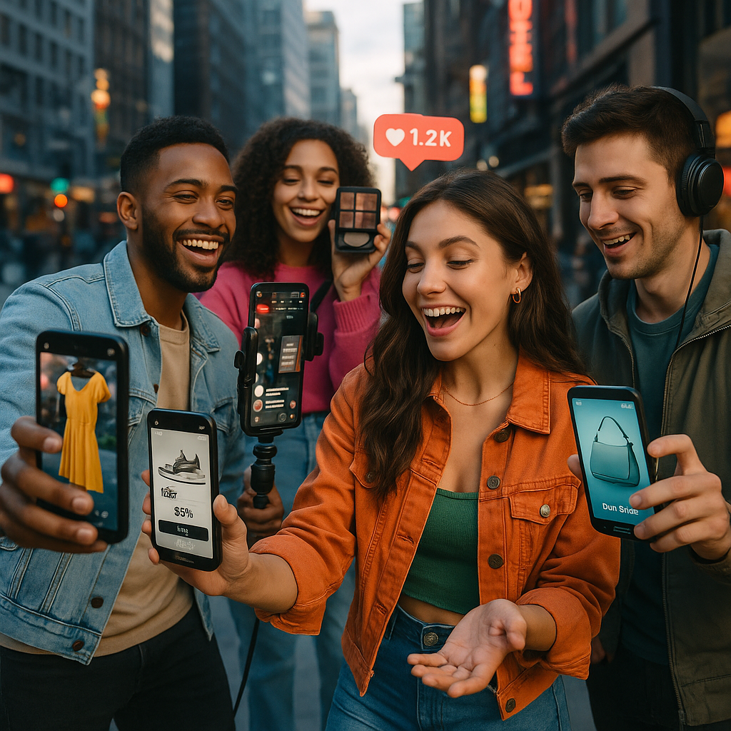 Influencers creating shoppable video content on smartphones with active user engagement in a modern social media environment