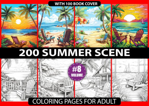 Adult coloring book cover featuring beach scene with palm trees and sunset