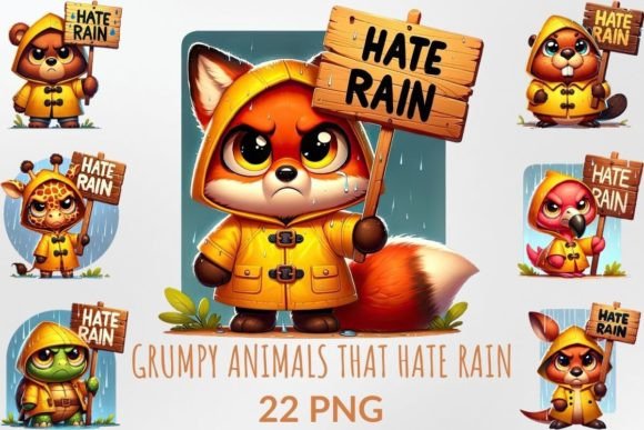 Grumpy animals in raincoats holding hate rain signs