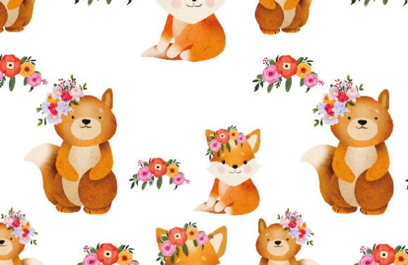 Cute Spring Foxes Watercolor Pattern Coloring Page