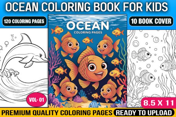 Ocean Coloring Book Cover featuring dolphin and marine life