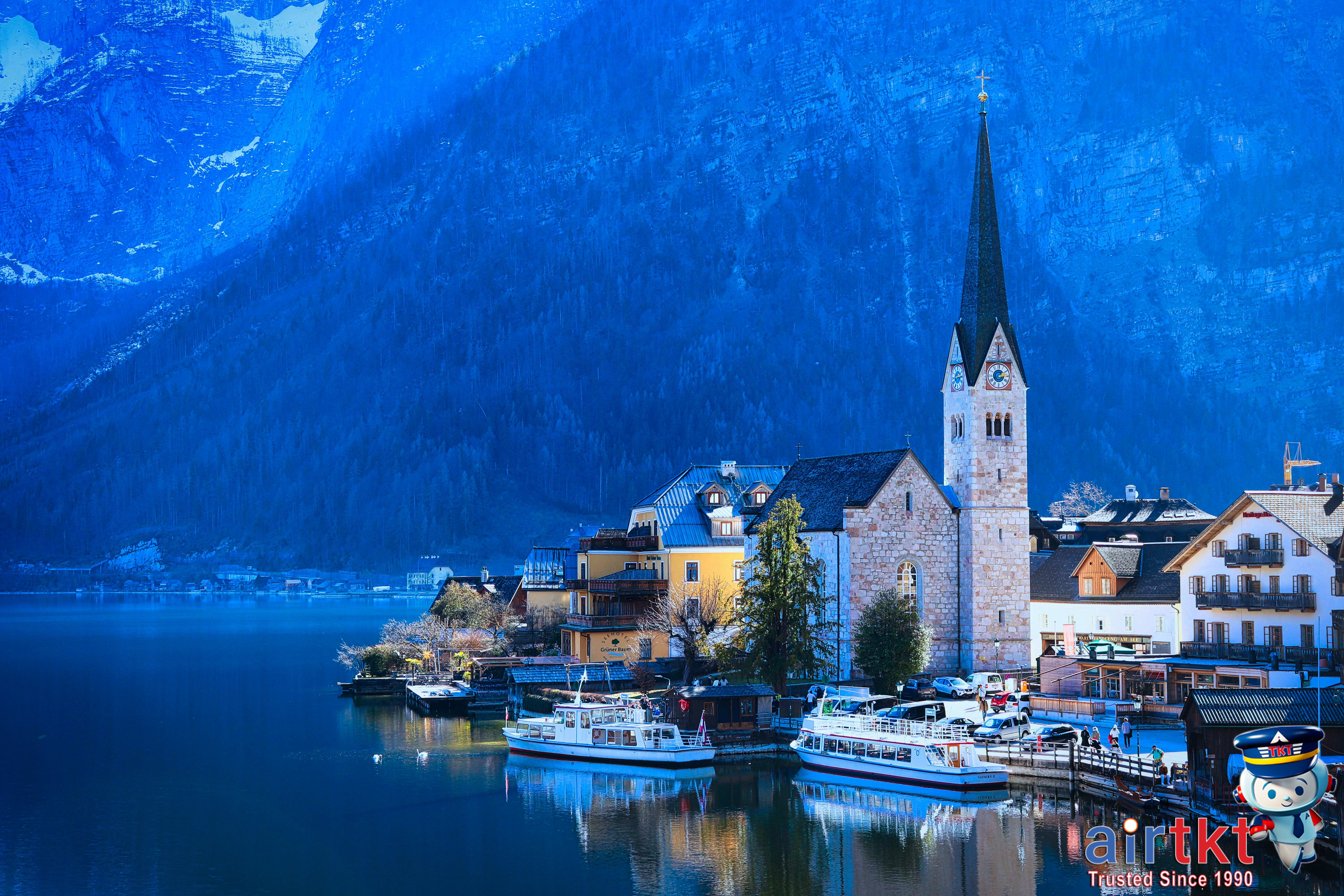 View of Hallstatt with lake and alpine mountains