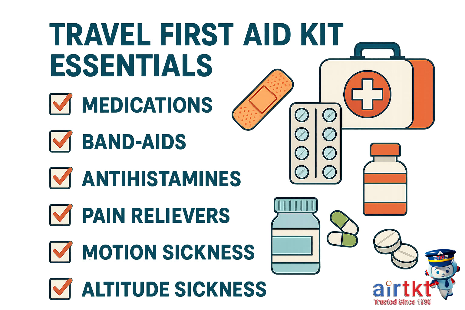 Core travel first aid kit components neatly arranged