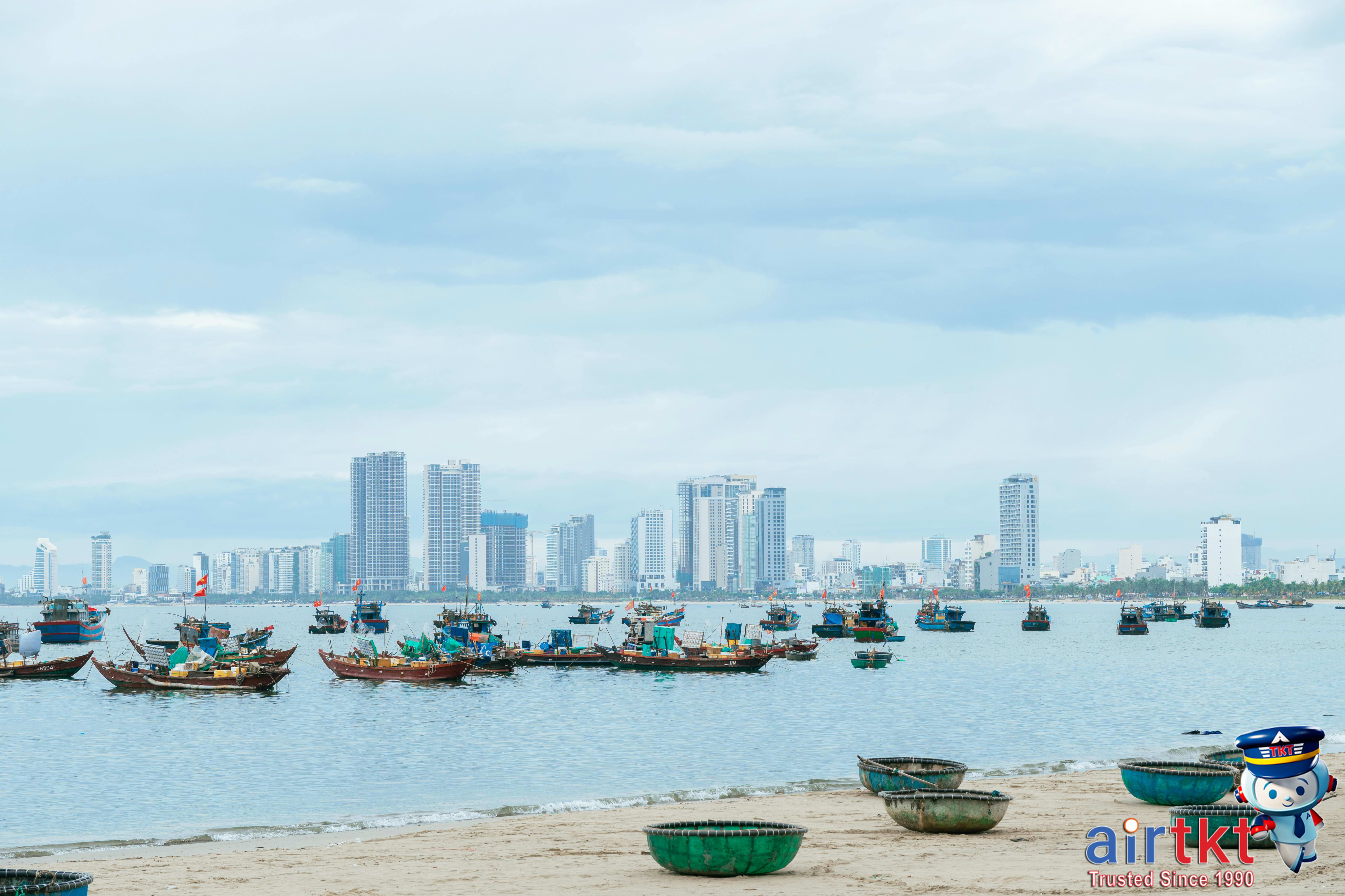 Coastal view of Da Nang city with the beach and urban skyline