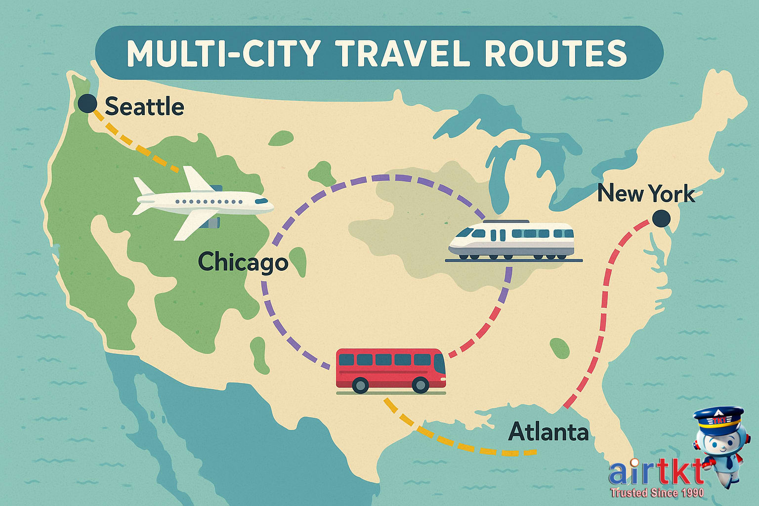 Traveler planning a multi-city trip with maps and devices
