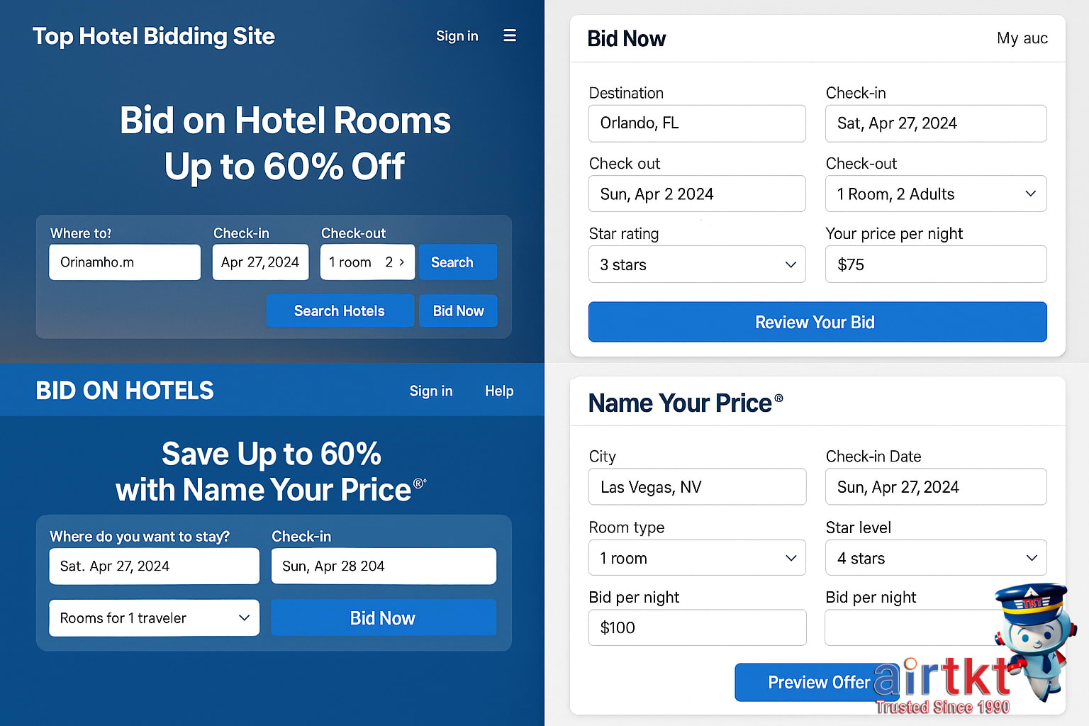 Screenshot montage of hotel bidding platform interfaces