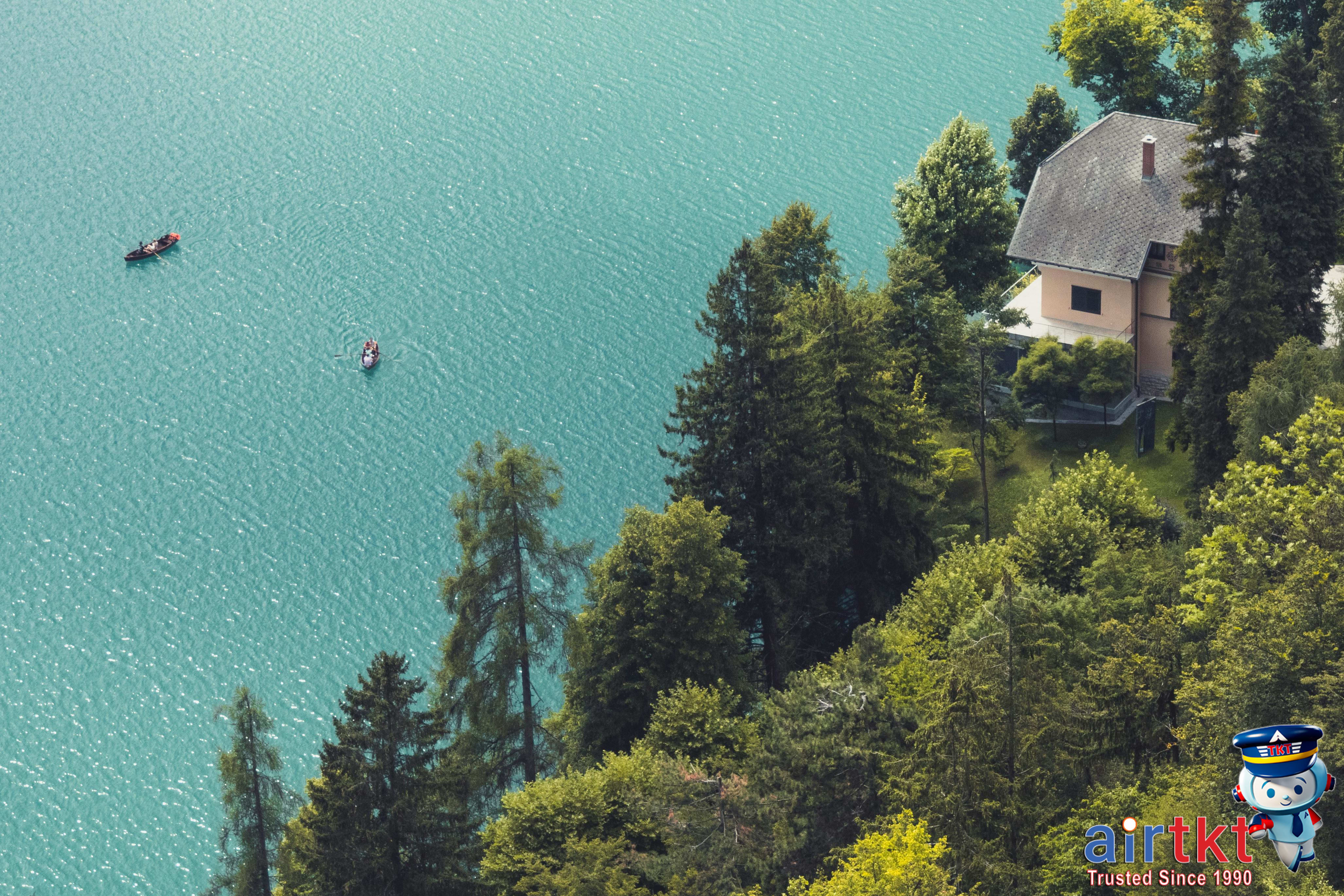 Scenic view of Lake Bled with mountains in the background