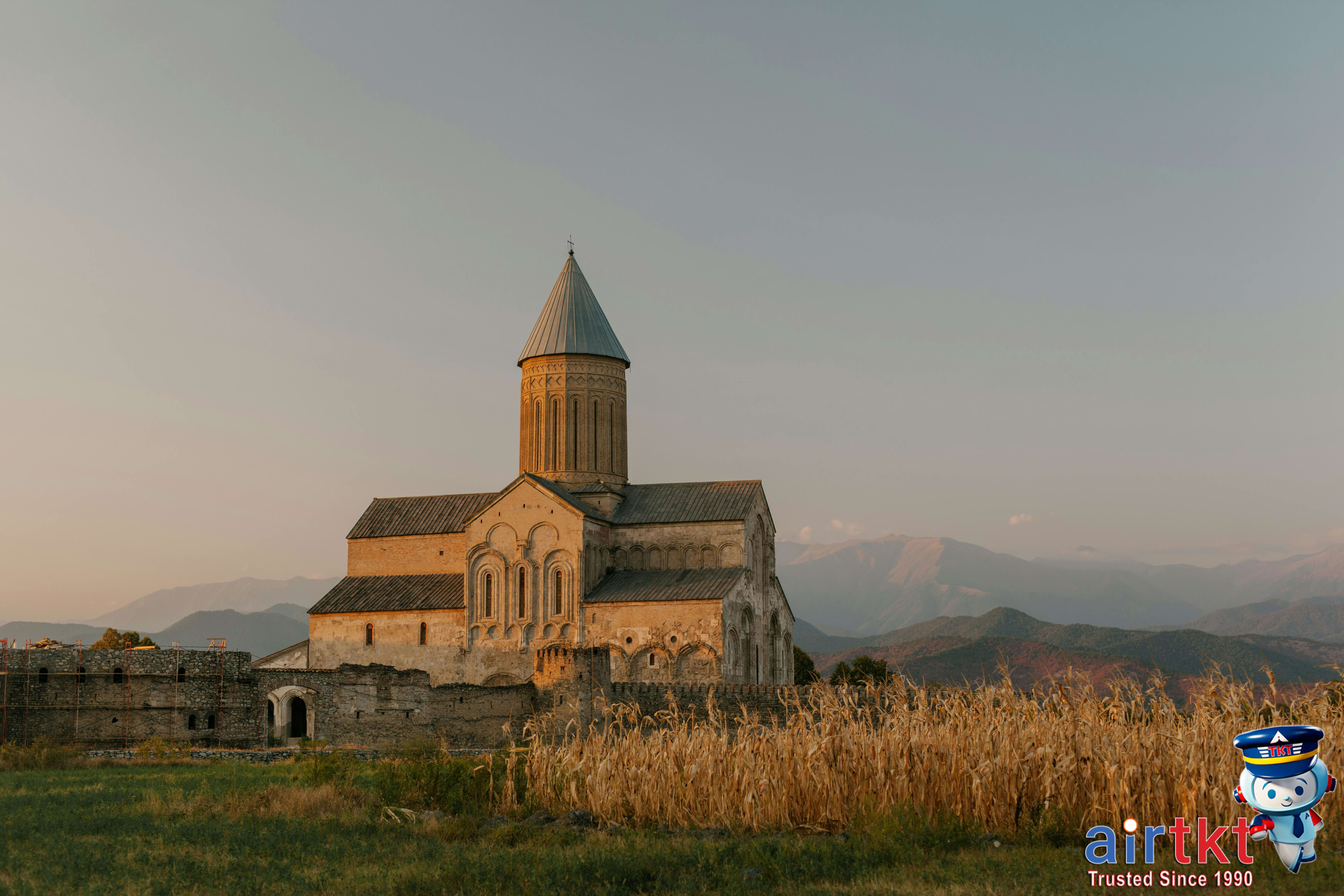 Georgia Caucasus mountain landscape with traditional architecture