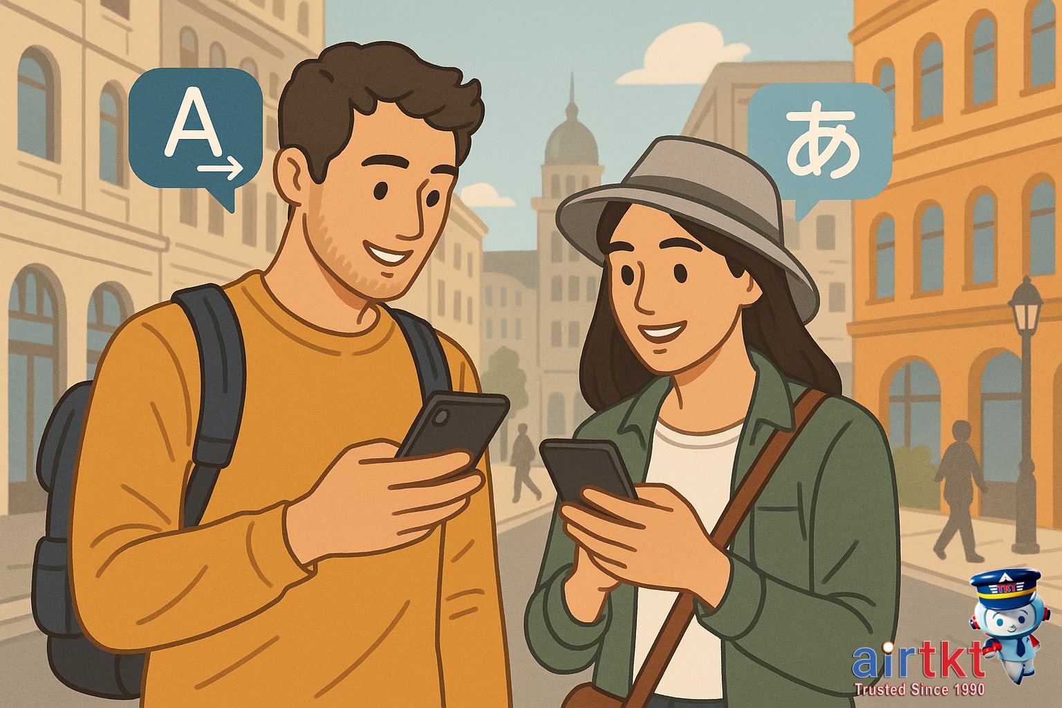 Traveler using smartphone with communication apps abroad