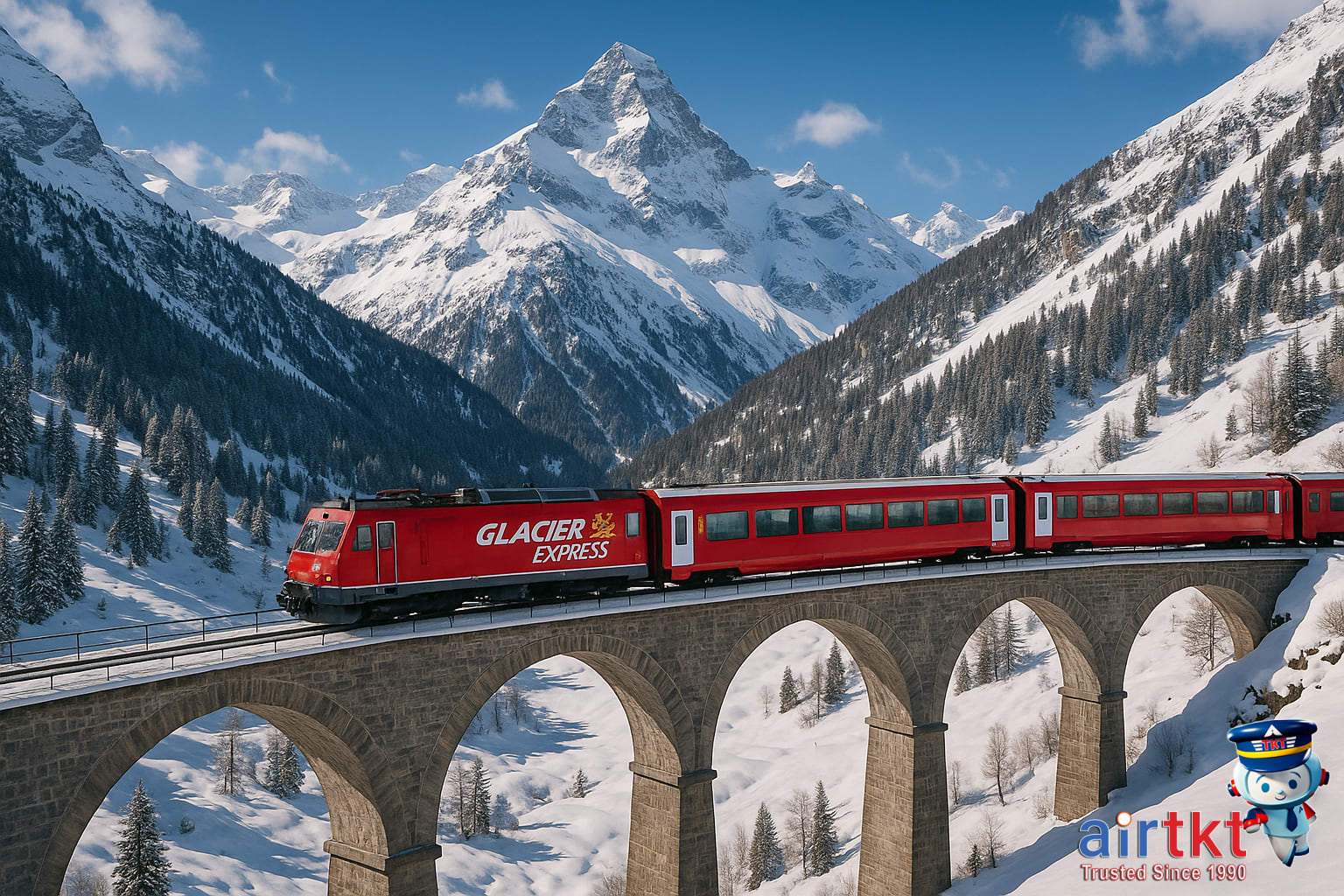 Glacier Express train crossing the Swiss Alps with panoramic views