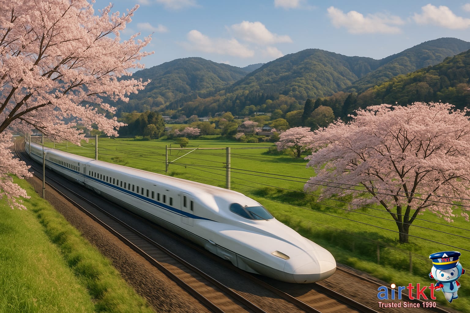 Scenic view from Japan's Shinkansen with countryside and Mount Fuji