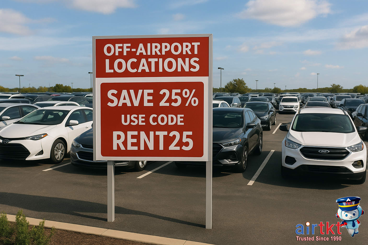 Rental car lot with discount signage