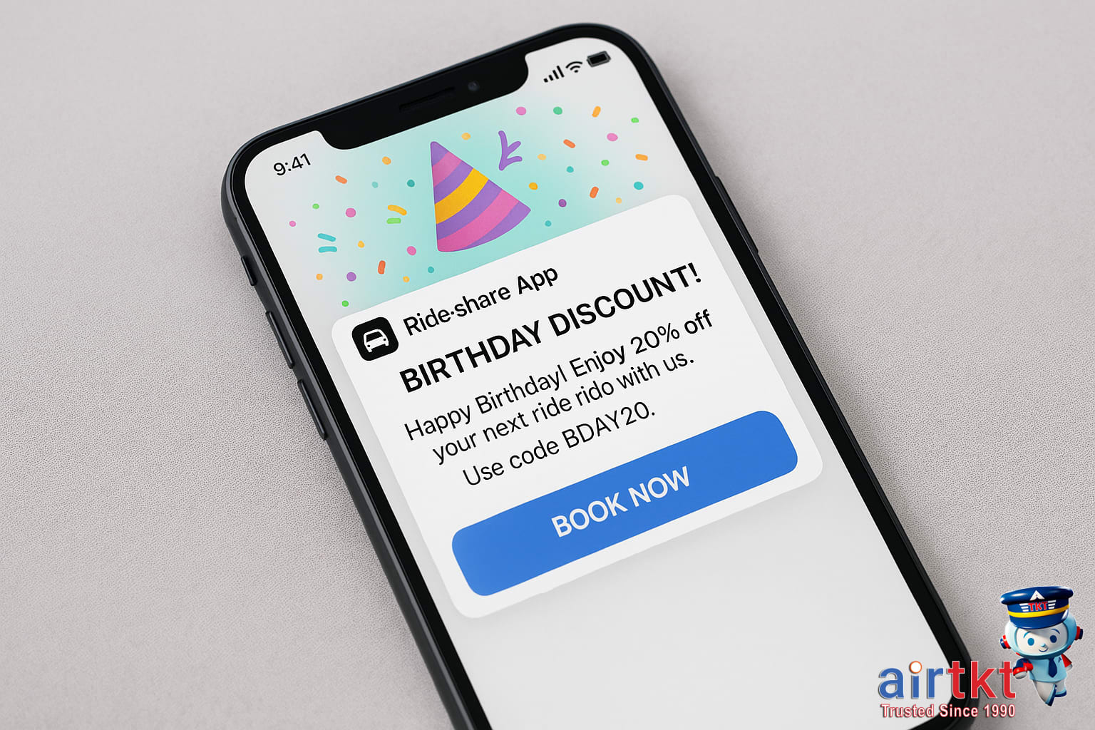 Phone displaying a ride-sharing app with birthday discount