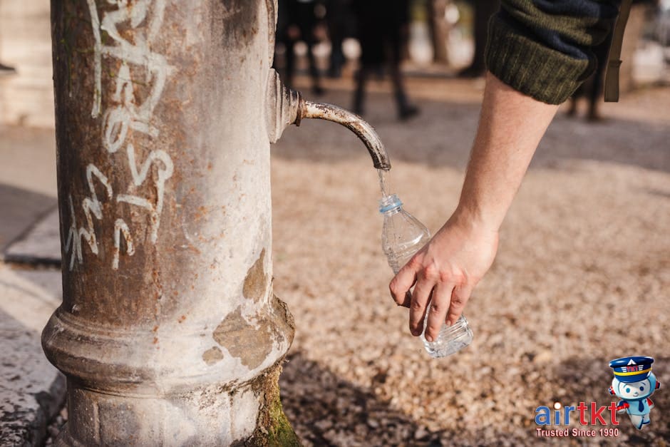 Traveler refilling reusable water bottle