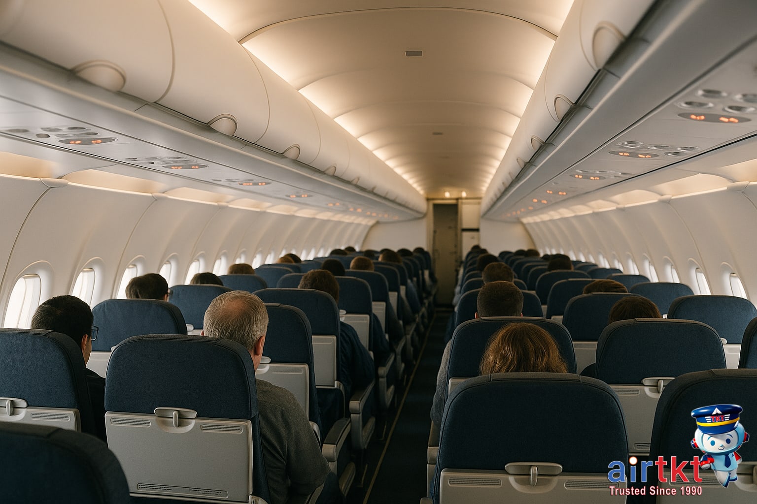 Passengers seated on an airplane with overhead bins closed