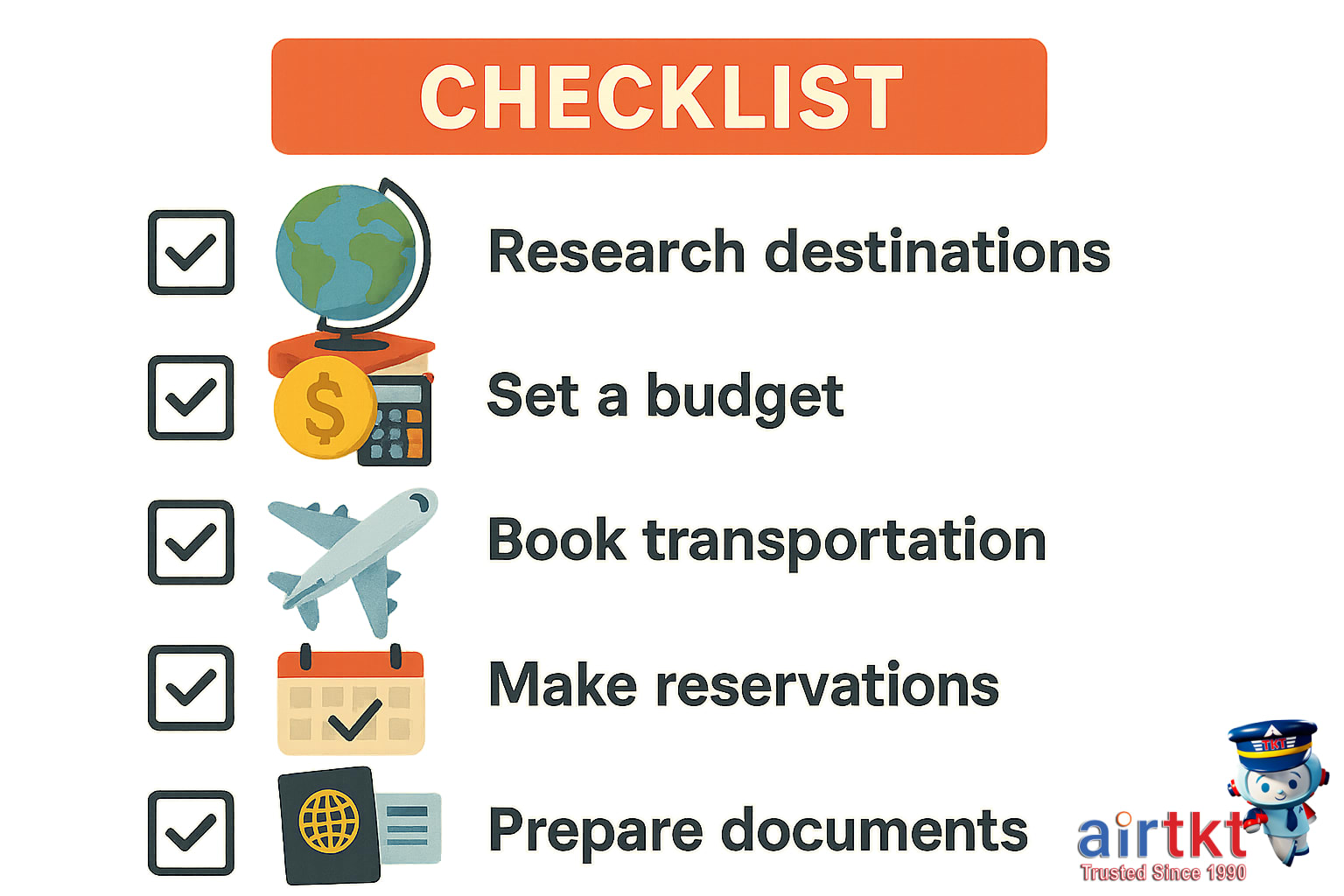 Checklist for travel savings with airplane and travel icons