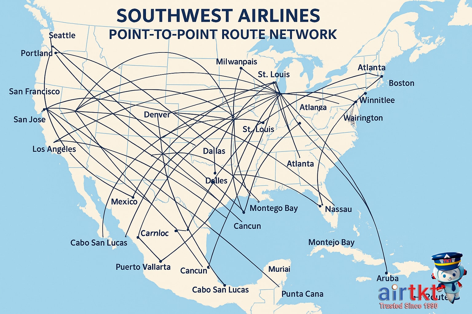 Southwest Airlines plane over coastal destination