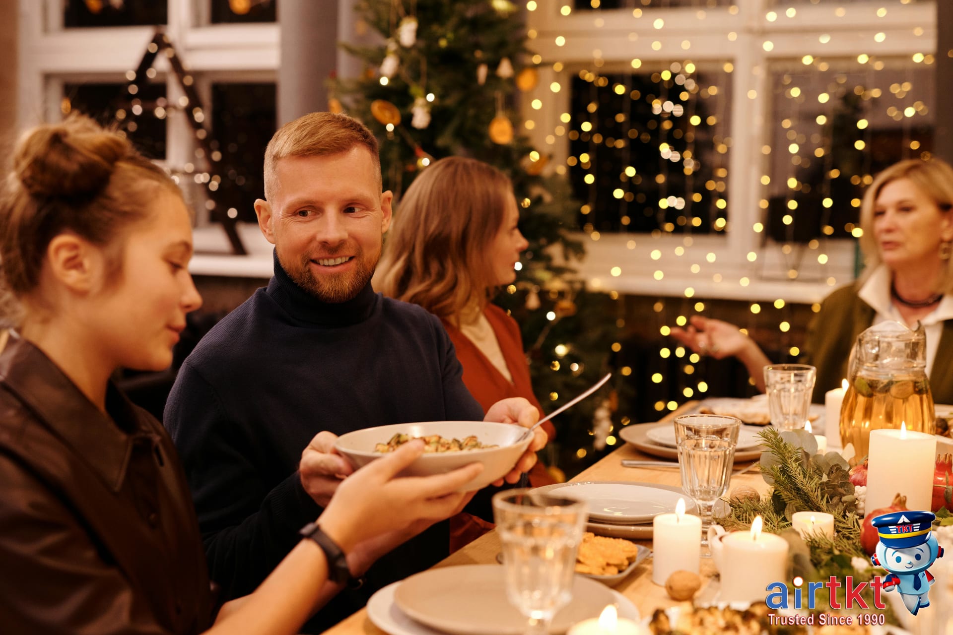 Busy Christmas airport terminal with travelers and luggage