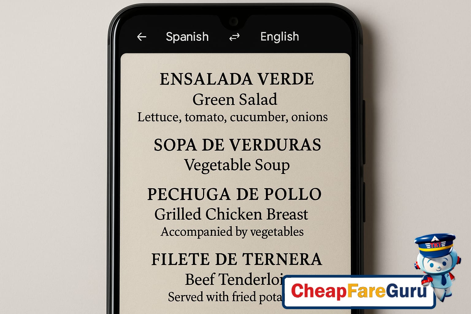 Traveler using a smartphone translation app to read a menu