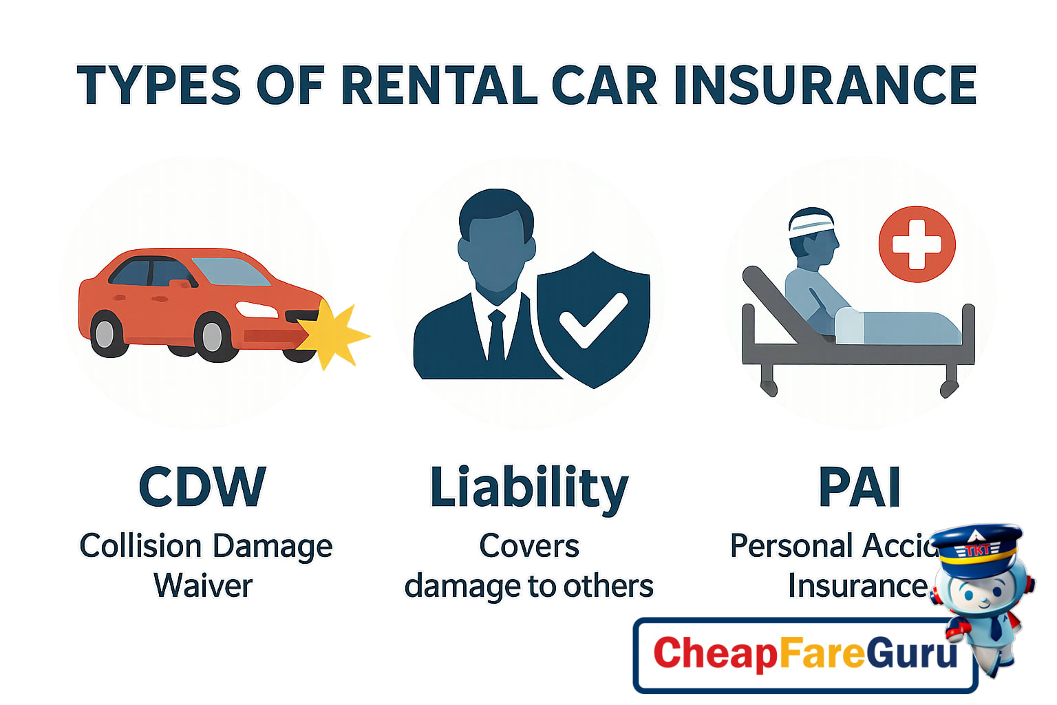 Infographic of rental car insurance types including CDW, liability, and personal accident insurance