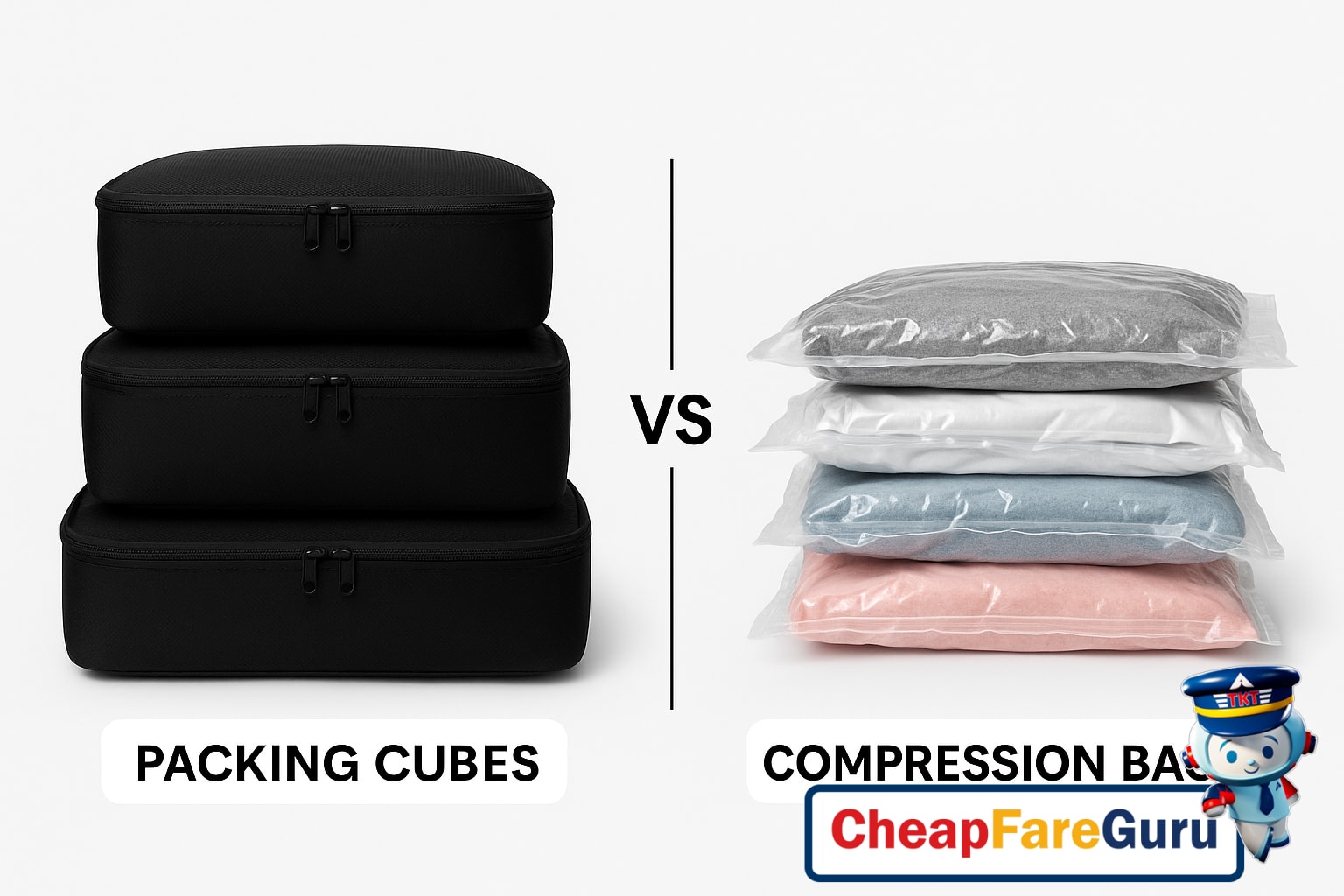 Travel packing gear including packing cubes, travel clothing, and toiletry kits