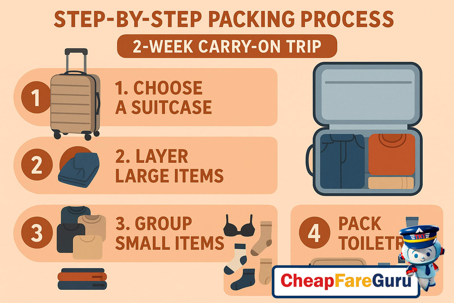 Organized travel items for two-week carry-on packing