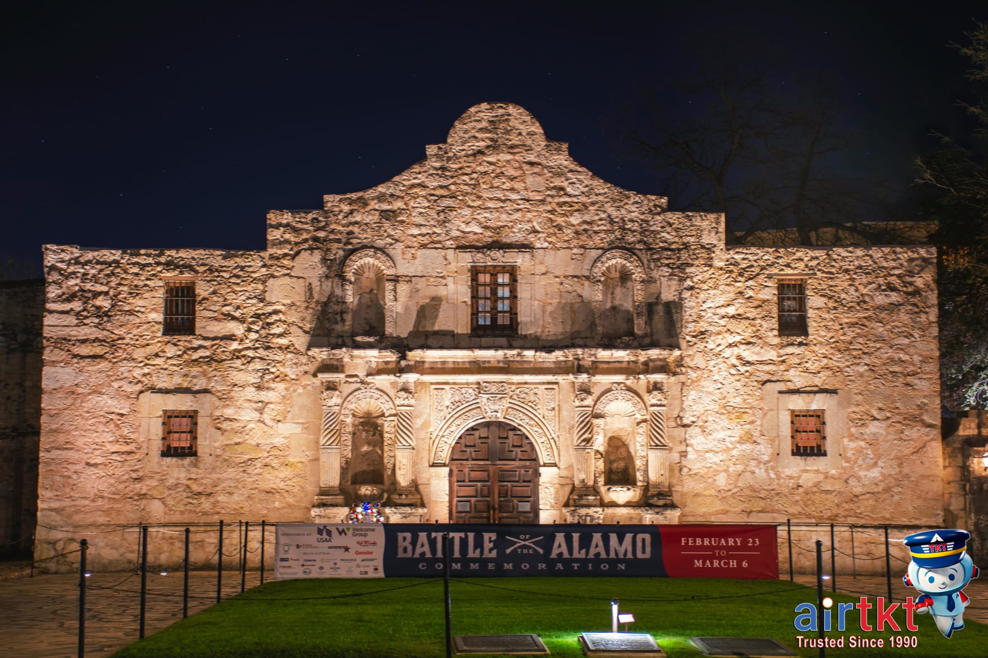 Stunning night view of the Alamo Mission with lights