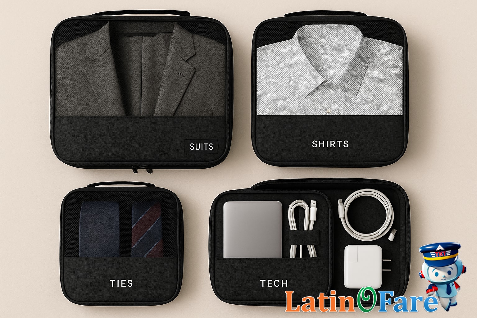Organized packing cubes with labeled compartments for business travel essentials