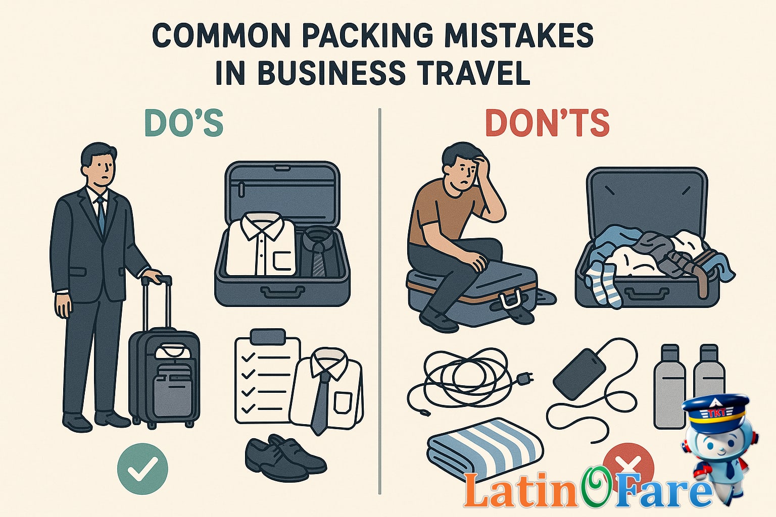Illustration of common packing mistakes for business travel